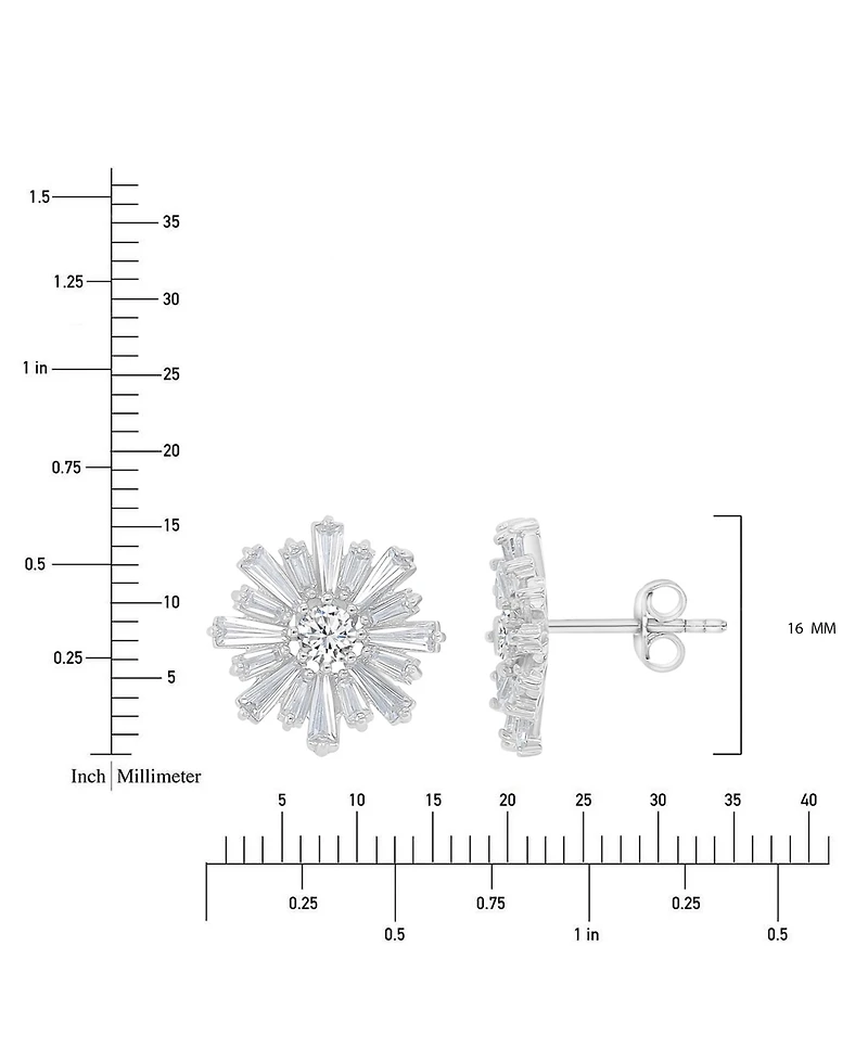 Cubic Zirconia Round & Baguette Flower Stud Earrings in Sterling Silver
