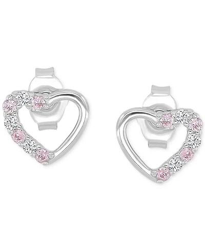 Pink Cubic Zirconia Heart Stud Earrings 14k Rose Gold over Sterling Silver