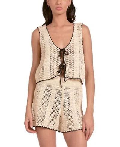 Elan Womens Crochet Tipped Tie Front Vest Crochet Tipped High Waisted Pull On Shorts