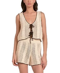 Elan Womens Crochet Tipped Tie Front Vest Crochet Tipped High Waisted Pull On Shorts