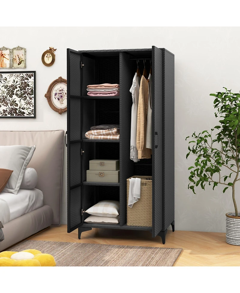 Pe Rattan Wicker Wardrobe with 2 Doors and Hanging Rod – Elegant Storage Cabinet for Bedroom or Closet