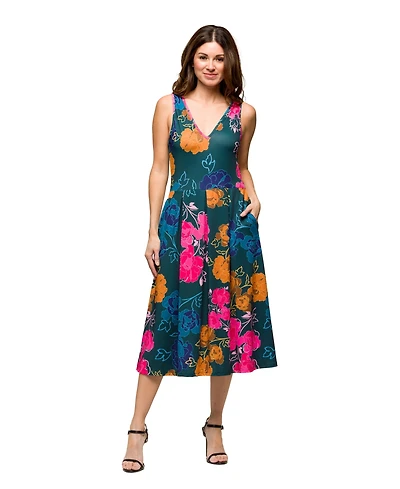 24seven Comfort Apparel Women's Midi Length Blue Floral Print Sleeveless Pleated Pocket Dress