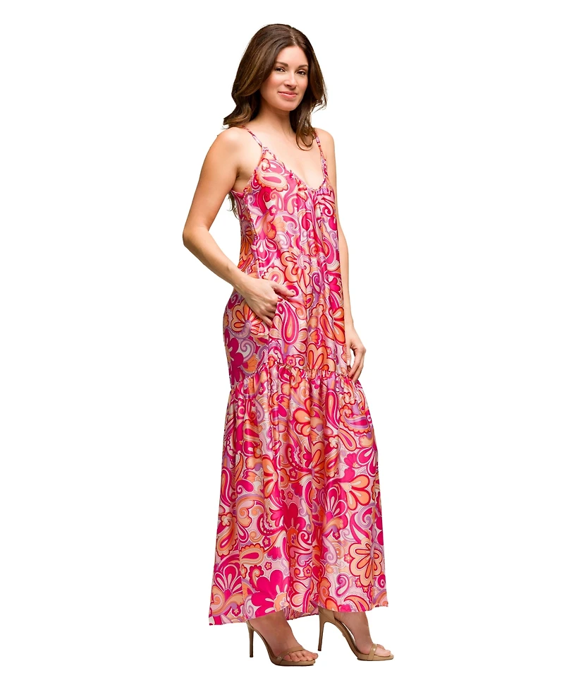 24seven Comfort Apparel Women's Pink Print Lightweight Spaghetti Strap Pocket Maxi Dress