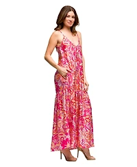 24seven Comfort Apparel Women's Pink Print Lightweight Spaghetti Strap Pocket Maxi Dress