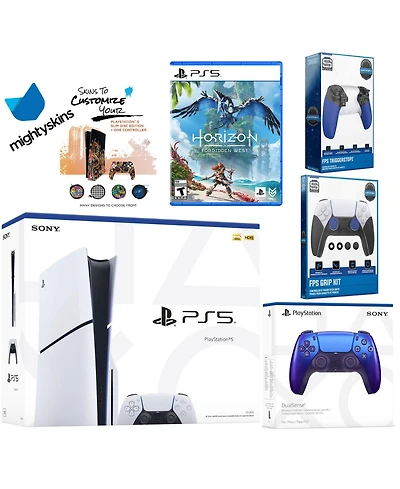Sony Playstation 5 Slim Disc Bundle with Horizon Forbidden West, Extra Controller, Trigger Stop Kit, Fps Grip Kit and MightySkins Decal Voucher