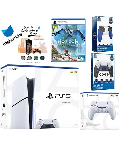 Sony Playstation 5 Slim Disc Bundle with Horizon Forbidden West, Extra Controller, Trigger Stop Kit, Fps Grip Kit and MightySkins Decal Voucher