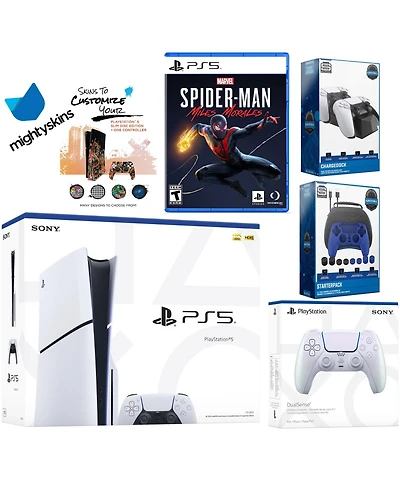 Sony Playstation 5 Slim Disc Bundle with Spider-Man: Miles Morales, Extra Controller, Pro Gamer Kit, Dual Charge Dock and MightySkins Decal Voucher
