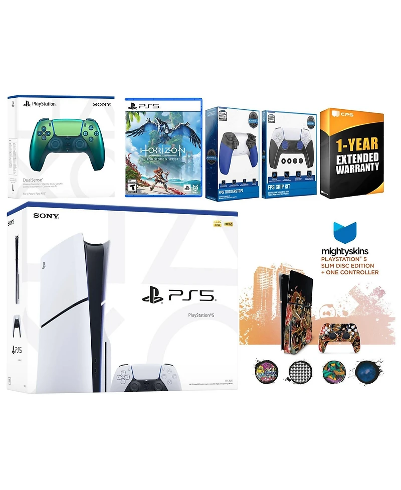 Sony Playstation 5 Slim Disc with Horizon Forbidden West, Extra Controller, Trigger Stop Kit, Fps Grip Kit and MightySkins Decal Voucher + 1 Year Cps