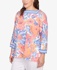 Ruby Rd. Plus Floral Striped Trim Top