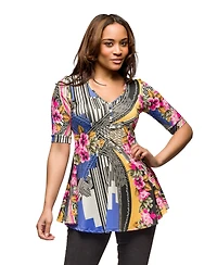 24seven Comfort Apparel Women's Multicolor Floral Print Elbow Sleeve V-Neck Henley Tunic Top