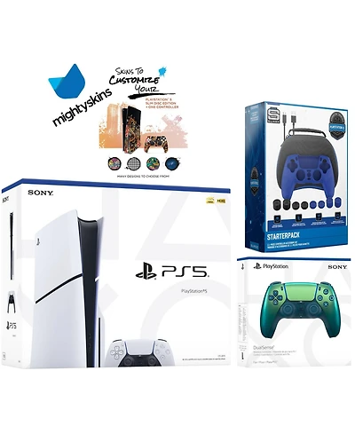 Sony Playstation 5 Slim Disc Bundle with Spider-Man: Miles Morales, Extra Controller, Trigger Stop Kit, Fps Grip Kit and MightySkins Decal Voucher