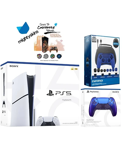 Sony Playstation 5 Slim Disc Bundle with Spider-Man: Miles Morales, Extra Controller, Trigger Stop Kit, Fps Grip Kit and MightySkins Decal Voucher