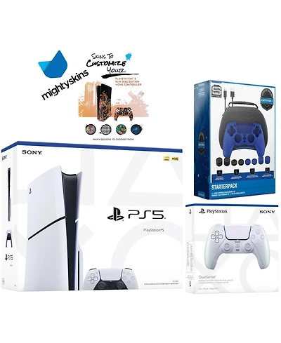 Sony Playstation 5 Slim Disc Bundle with Spider-Man: Miles Morales, Extra Controller, Trigger Stop Kit, Fps Grip Kit and MightySkins Decal Voucher