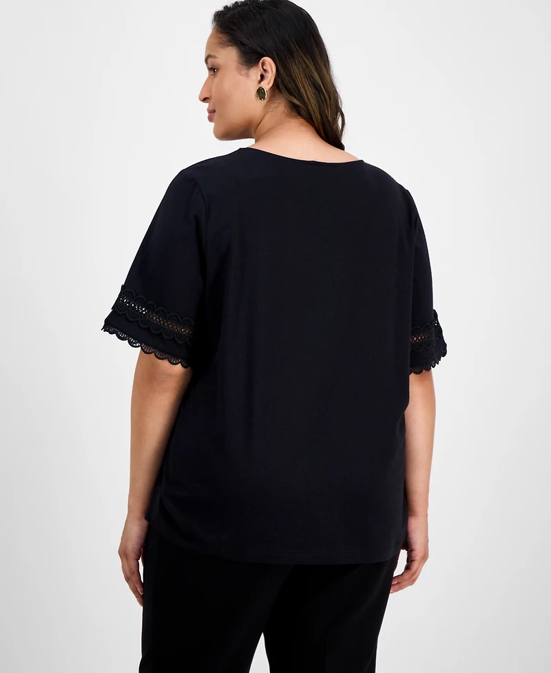 Jones New York Plus Elbow-Sleeve Lattice-Trim Top