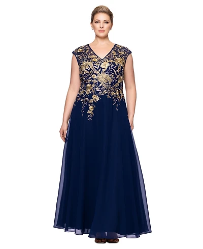 Betsy & Adam Plus Metallic-Embroidered A-Line Gown