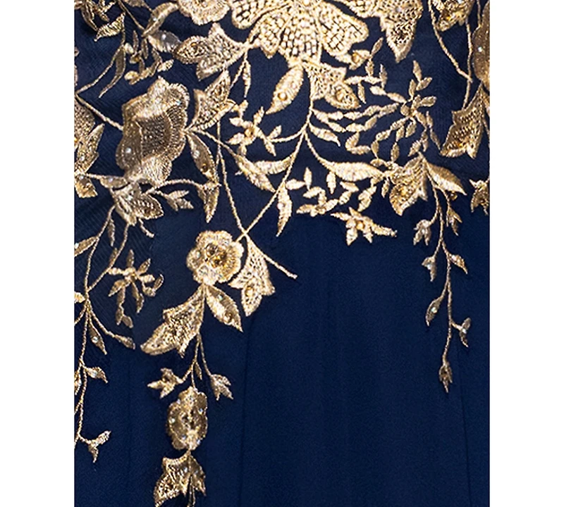 Betsy & Adam Women's Embroidered V-Neck Front-Slit Gown