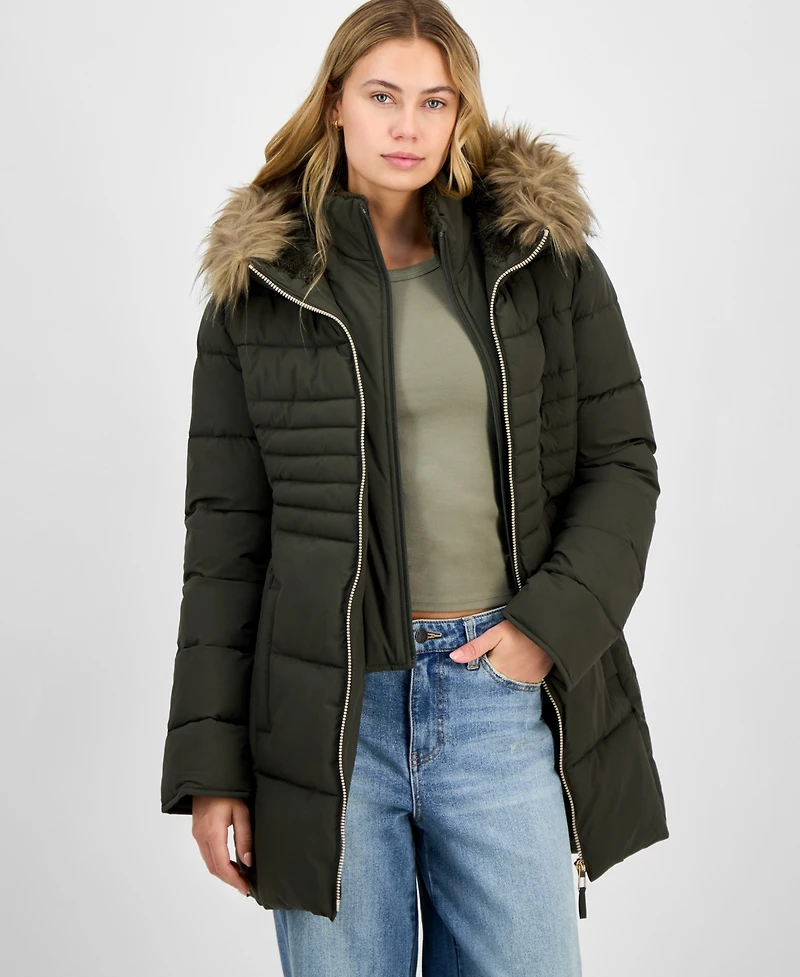 Maralyn & Me Juniors' Faux-Fur Hooded Bibbed Puffer Coat