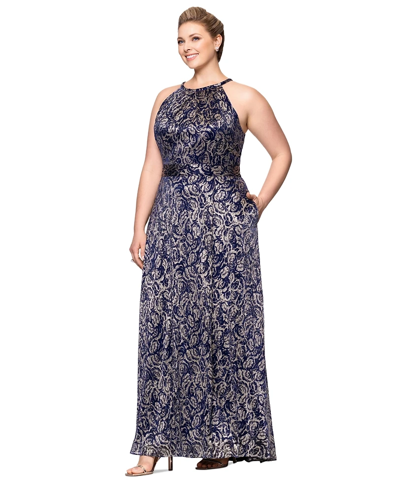Betsy & Adam Plus Metallic Floral Print Sleeveless Gown
