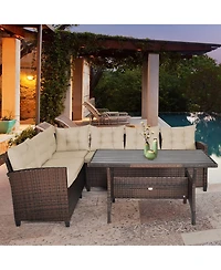 3PCS Rattan Dining Set Patio Furniture 6 Seats Sofa Cushioned