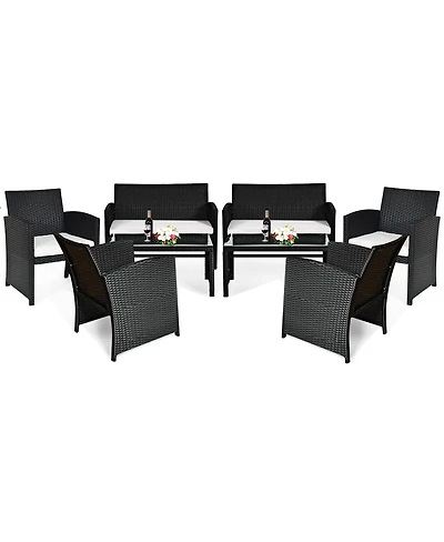 8PCS Patio Rattan Furniture Conversation Set Cushioned Sofa Table Garden