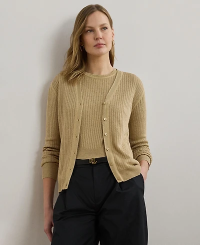 Lauren Ralph Women's Rib-Knit Linen-Blend V-Neck Cardigan