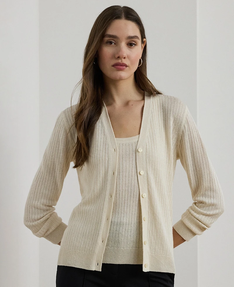 Lauren Ralph Women's Rib-Knit Linen-Blend V-Neck Cardigan