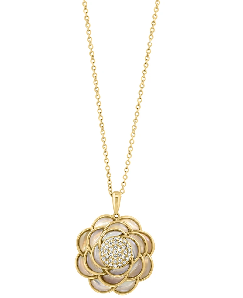 Effy Mother of Pearl & Diamond (1/5 ct. t.w.) Flower Pendant Necklace in 14k Gold, 17" + 1" extender