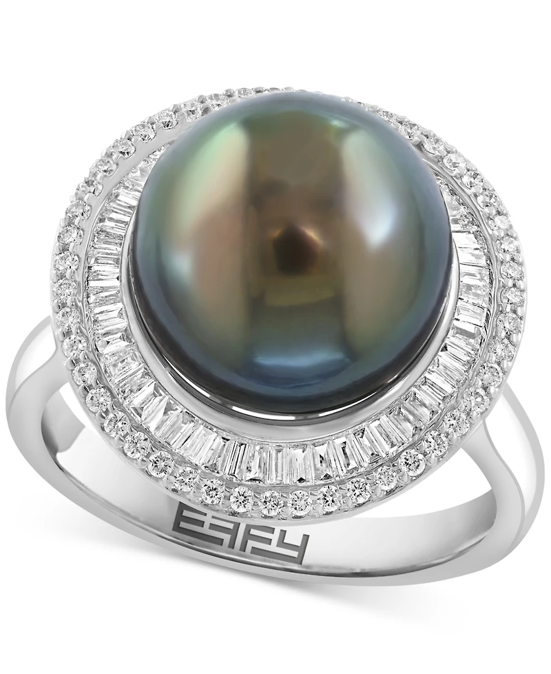 Effy Cultured Tahitian Pearl (11mm) & Diamond (3/8 ct. t.w.) Statement Ring in 14k White Gold