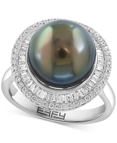 Effy Cultured Tahitian Pearl (11mm) & Diamond (3/8 ct. t.w.) Statement Ring in 14k White Gold