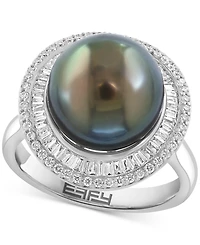 Effy Cultured Tahitian Pearl (11mm) & Diamond (3/8 ct. t.w.) Statement Ring in 14k White Gold