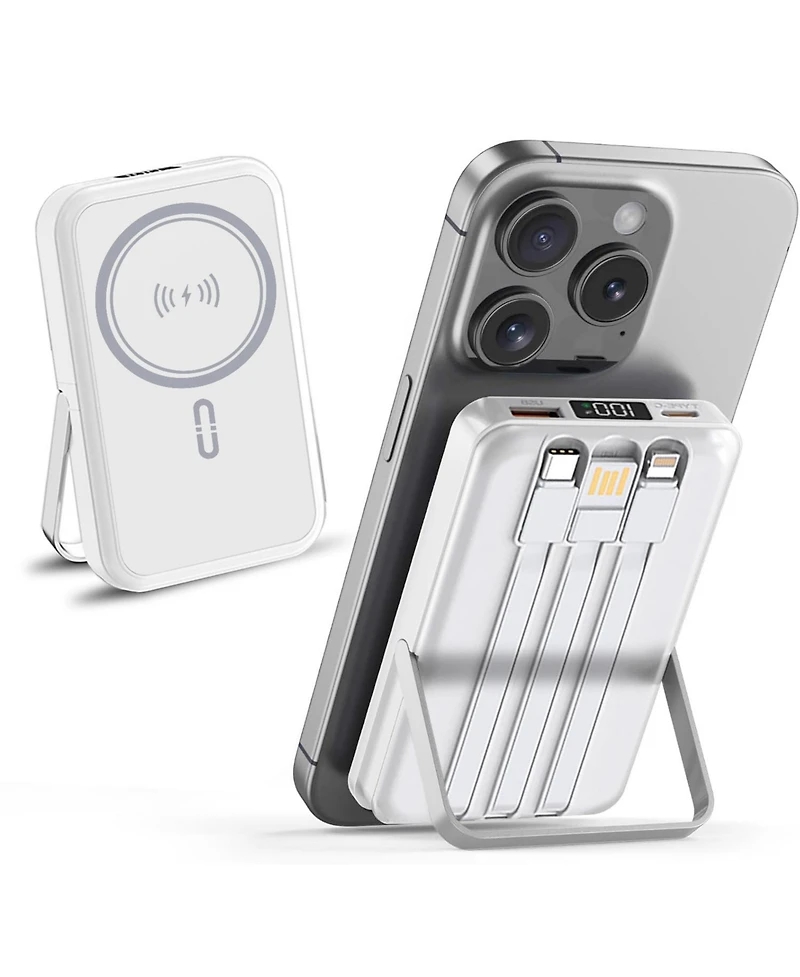10000mAh Magnetic Power Bank w/ Stand- 3 Cables & Wireless Charging