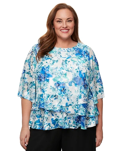 Alex Evenings Plus Printed Chiffon 3/4-Sleeve Blouse