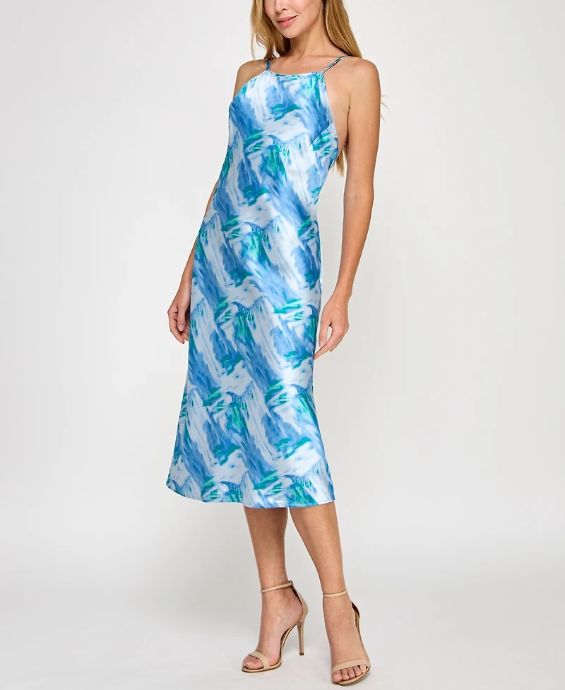 pear culture Juniors' Printed Satin High-Neck Sleeveless Midi Dress