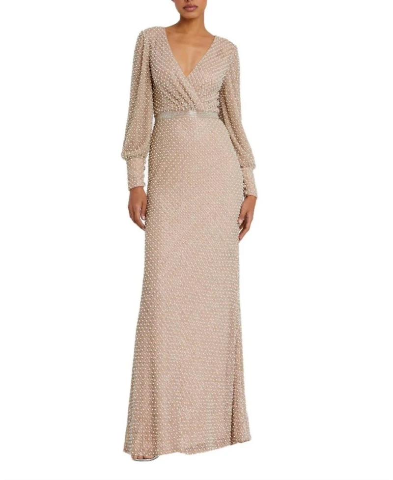 Mac Duggal Women's Wrap Over Bishop Sleeve Gown With Pearl Beading