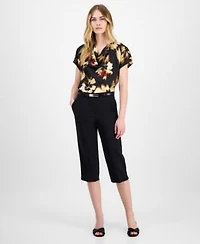 Anne Klein Womens Floral Print Cowlneck Short Sleeve Blouse Belted Pedal Pusher Urban Stretch Pull On Capri Pants