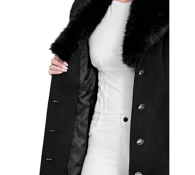 Guess Women's Belted Faux-Fur-Collar Button-Front Coat