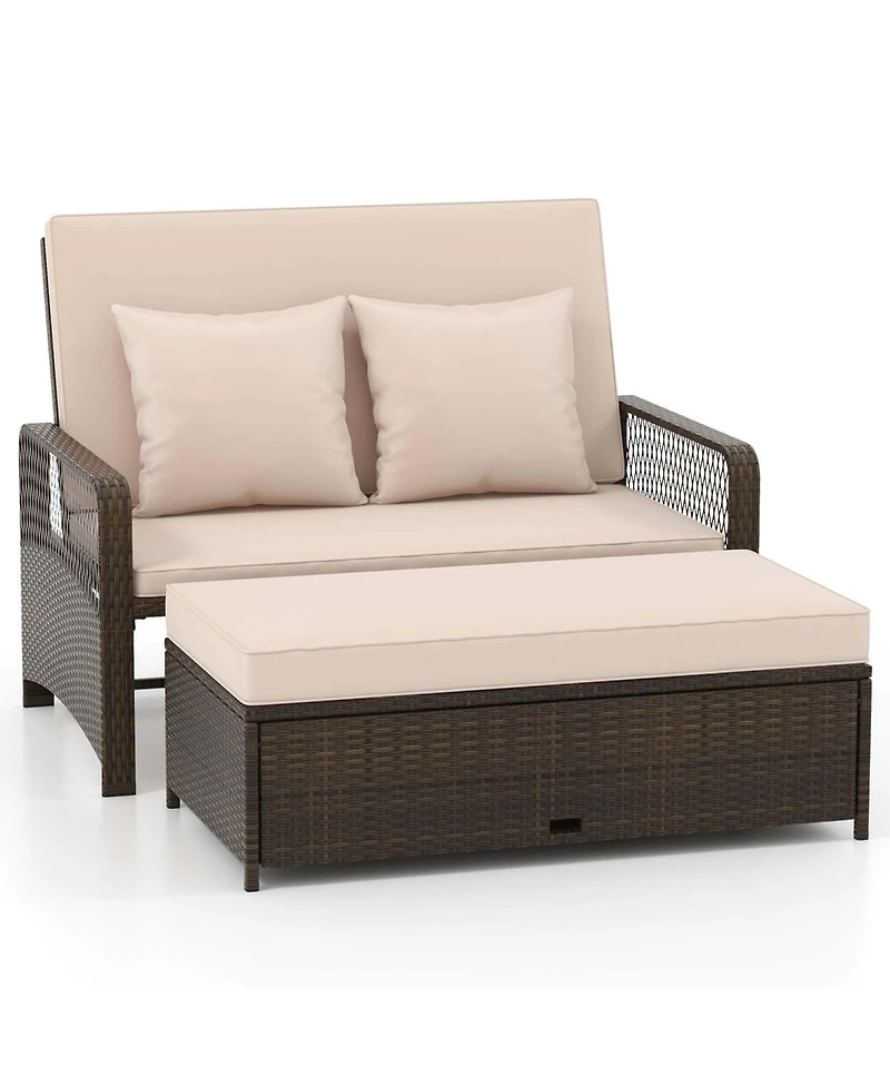 Patio Rattan Daybed Wicker Loveseat Sofa with Multifunctional Ottoman