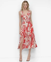 Dkny Women's Printed V-neck Belted Sleeveless Dress