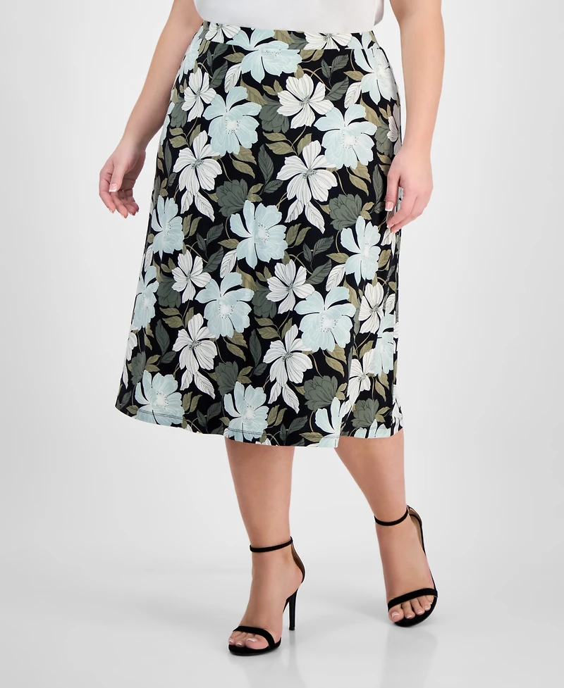 Kasper Plus Floral-Print Pull-On Midi Skirt