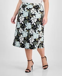 Kasper Plus Floral-Print Pull-On Midi Skirt