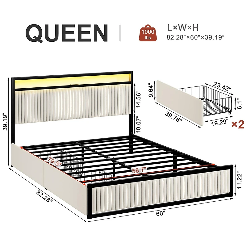 Hausource Queen Size Velvet Upholstered Bed Frame with Led Headboard, 2 Drawers, Charging Station