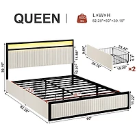 Hausource Queen Size Velvet Upholstered Bed Frame with Led Headboard, 2 Drawers, Charging Station