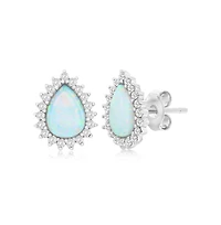 Sterling Silver White Synthetic Opal Pear-shaped, Cz Border Earrings
