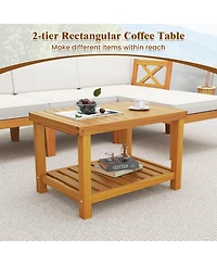 5 Pcs Acacia Wood Patio Furniture Set with 2-Tier Coffee Table and Cushions