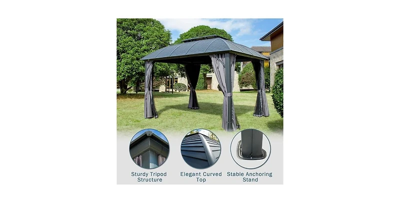 Outdoor Gazebo 10'x12', Permanent Hardtop Gazebo with Aluminum Frame for Patios Deck Backyard, Galvanized Steel Double Roof, Curtains and Netting for