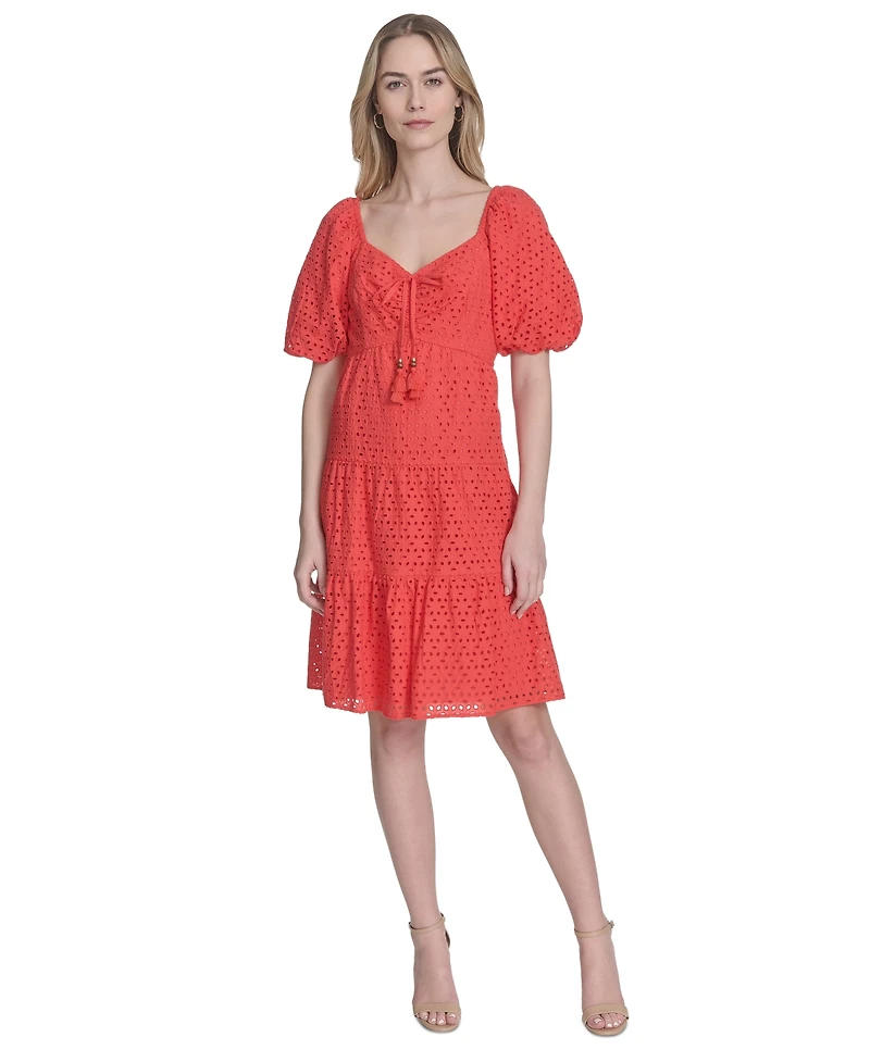 Vince Camuto Women's V-Neck Short-Puff-Sleeve Eyelet Dress