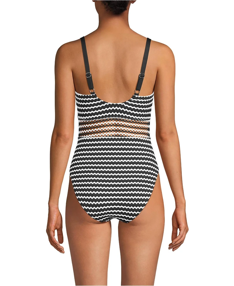 Lands' End Women's Crochet Square Neck High Leg One Piece Swimsuit