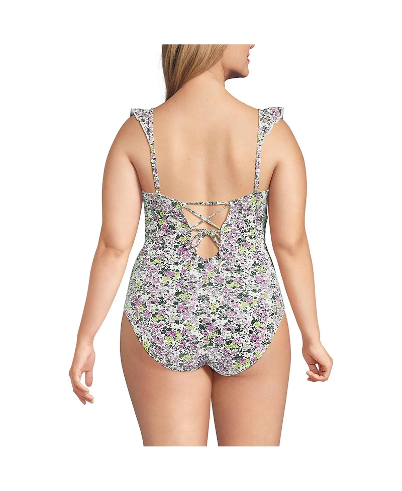 Lands' End Plus Pique Ruffle One Piece Swimsuit