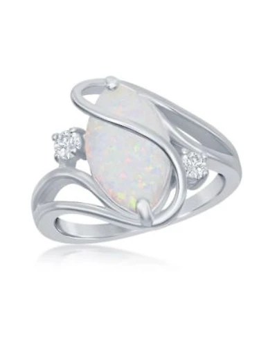Sterling Silver White Inlay Synthetic Opal Oval Twist With Cz Ring