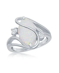 Sterling Silver White Inlay Synthetic Opal Oval Twist With Cz Ring
